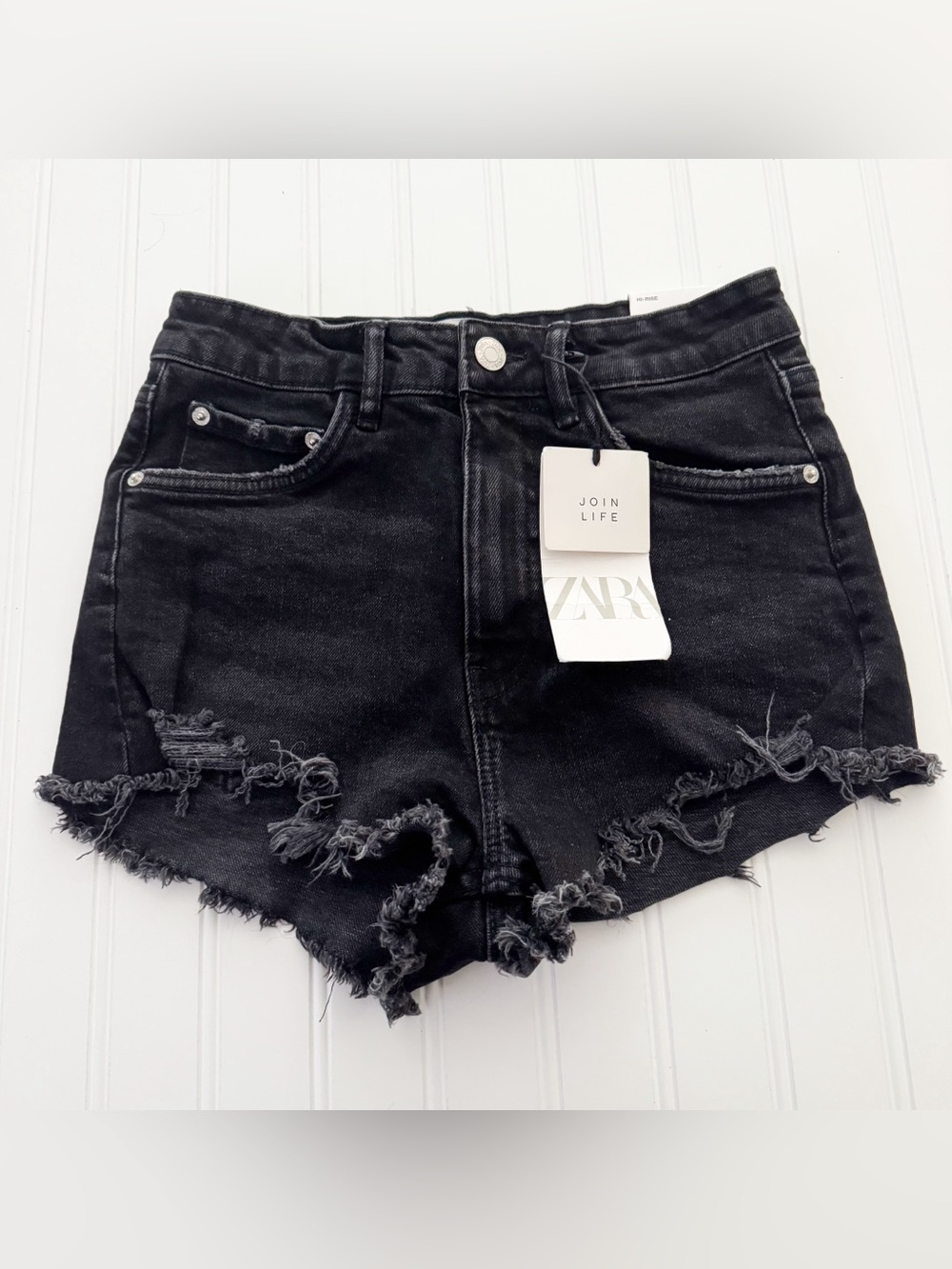 Zara Black Frayed Hem Denim Shorts